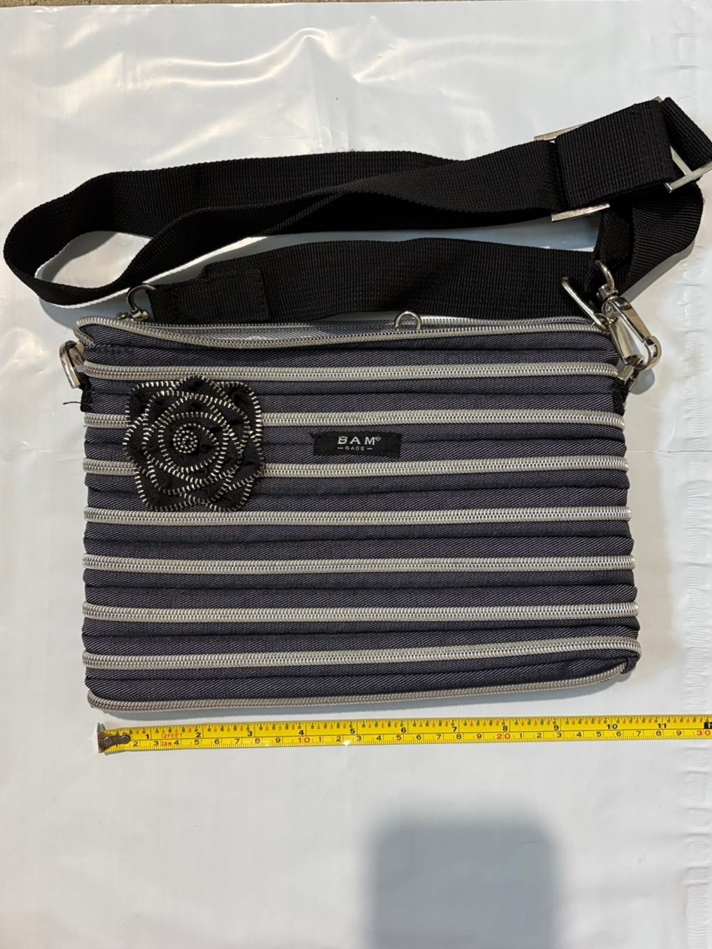 Crossbody Bag in Black and Gray with Decorative Zipper Flower